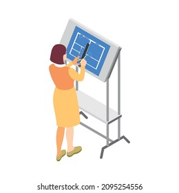 Architects and construction engineers isometric composition with female architect drawing project on easel vector illustration
