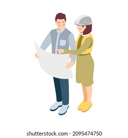 Architects and construction engineers isometric composition with female engineer consulting worker on project vector illustration
