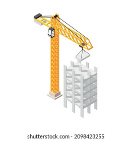 Architects and construction engineers isometric composition with pillar crane building house vector illustration