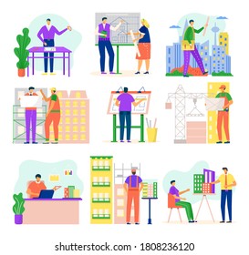 Architects and construction engineers working on architecture project vector illustration set isolated on white. Buildings engineering profession, architectural designer occupation or job set.