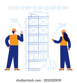 Architects designs house construction drawing of future multi-storey building. Engineers works with blueprints and making measurements. Real estate business. Vector illustration scene with characters