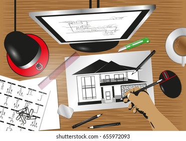 The architect's desk with a sketch of the projected private house. Vector illustration.