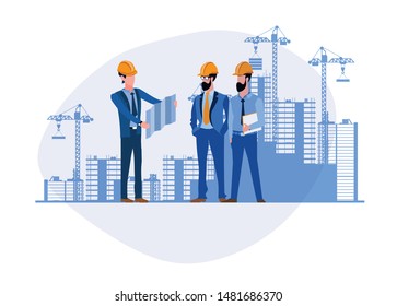 Architects discuss a project. Construction of buildings according to drawings. Erection of buildings. Flat modern vector illustration of architects in cartoon style on a construction site background