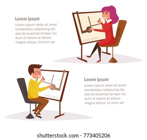 Architects at the drawing boards. Vector. Cartoon. Isolated art on white background. Flat