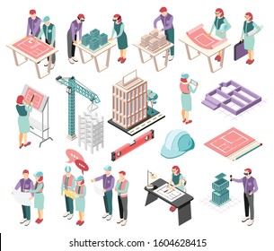 Architects engineers isometric icons collection with buildings complex planning sketching blue print construction site supervision vector illustration 