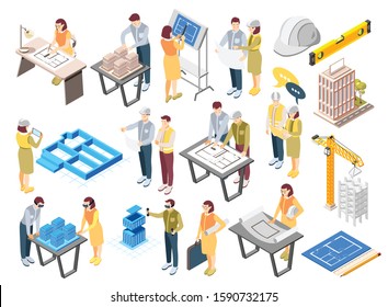 Architects engineers isometric icons set and office planning sketching drawing work construction site supervision recolor vector illustration 