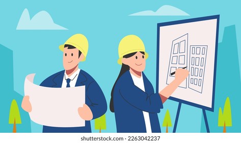 architects, engineers men and women. see blueprints, draw construction design sketches. wearing a hard hat. flat vector graphic design.