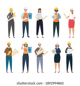 Architects and engineers people with helmets and plans icon set design of construction remodeling and working theme Vector illustration