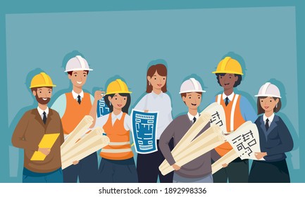 Architects and engineers people with helmets and plans design of construction remodeling and working theme Vector illustration