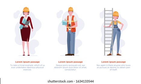 Architects and engineers set. Builders in hardhats, foreman flat vector illustration. Construction site, building, engineering concept for banner, website design or landing web page