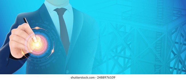 Architects and engineers utilize BIM application technology for precise and revolution digital modeling of enhancing construction planning project and efficiency. Petroleum plant. Vector illustration