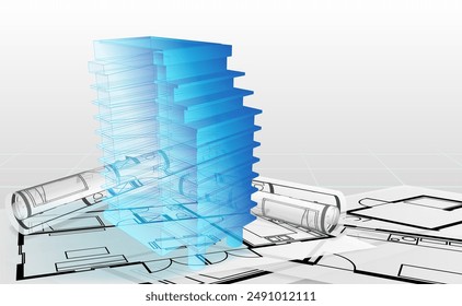 Architects and engineers utilize BIM application technology for precise and revolution digital modeling of enhancing build construction planning project and efficiency. Blueprints. Vector illustration