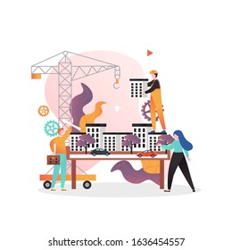 Architects and engineers working on architectural project of modern city buildings, vector illustration. Construction engineer services concept for web banner, website page etc.