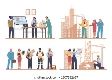 Architects and engineers working on architecture project of modern city buildings flat vector illustration set. Professional construction engineer services, building industry, construction development