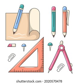 Ausrüstung des Architekten Farbige Vektorgrafik mit einfachem handgezeichnetem Sketching-Stil 