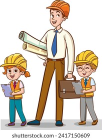 Architects and kids engineers with construction plans. Vector illustration in cartoon style