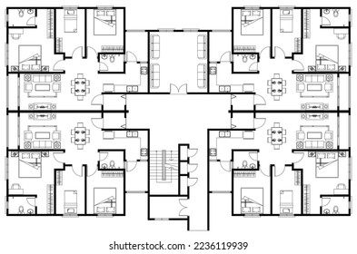 Architect's layout drawing of 4 medium size apartments with 3 bedrooms complete with furniture. 2D drawing using CAD in black and white. 4 houses sharing the same floor. 