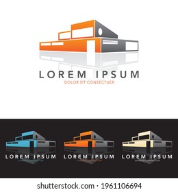 Architekten oder luxuriöse Baufirma Vektorlogo Vorlage mit zeitgenössischem Wohngebäude, reflektiert. Beispieltext auf einer separaten Ebene, drei Farbversionen