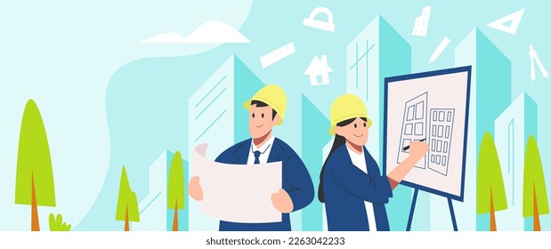 architects, male and female engineers. see blueprints, draw sketches. icon ruler, compass, pencil, house. building background, buildings, trees, outdoor. flat vector graphic design.