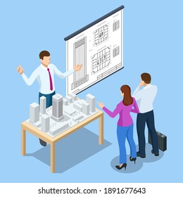 Architects in office looking at construction project Isometric Concept. Professional Architects and Designers Working. Engineer working on laptop computer with blueprints on screen