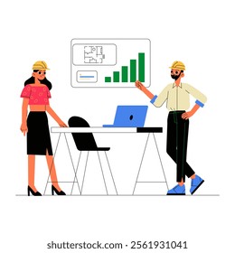 Architects In Office Setting In Flat Vector Illustration Symbolizing Teamwork, Planning, And Building Design, Isolated On White Background.