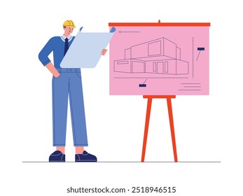 Architect's review of a building sketch worked on with colleagues, semi-outline style, vector illustration.