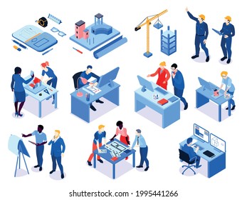 Architects Sketching Building Discussing With Client Designing 3d Computer Models Supervising Construction Isometric Color Set Vector Illustration