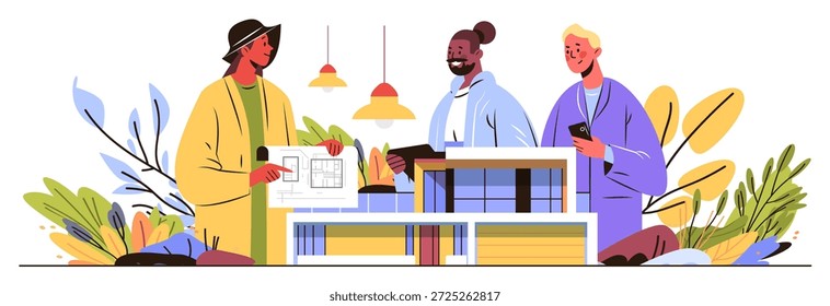 Architects teamwork modern building project collaboration people discussing blueprint holding model construction site plants lamps abstract background