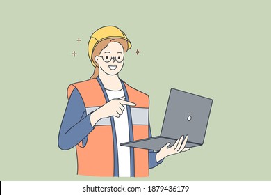 Architects using wireless technology concept. Young smiling beautiful woman cartoon character wearing protective helmet and uniform holding laptop and pointing with hand and finger