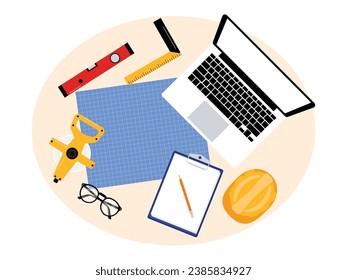 Architect's work desk, working on a project from a client with adequate facilities, laptop for designing, desk top view vector illustration.