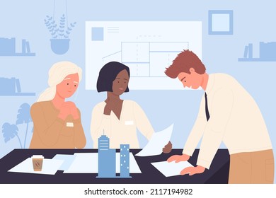 Architects work on architectural project of modern building. Team of people sitting at table with house model, working with paper documents flat vector illustration. Architecture, engineering concept