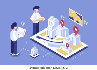 Architects working at new building project vector illustration. Model with geolocation pins and map. Workers standing with drawings flat style concept. Isolated on purple
