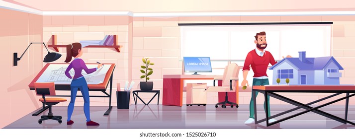 Architects working in office with blueprint and building mockup. Designers man and woman create house project in design studio workshop or engineer room, artist workspace Cartoon vector illustration