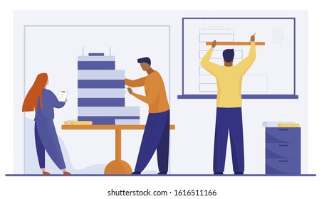 Architects working on building model. People developing blueprint and maquette flat vector illustration. Architecture, drafting, construction concept for banner, website design or landing web page