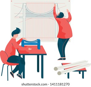 Architects Working on the Project of Bridge, Male and Female Professional Engineers Characters Vector Illustration