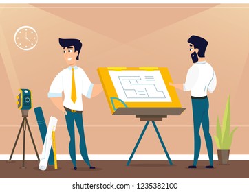 Architects is working on the project the premises. Vector illustration of working cartoon characters in coworking studio. The concept of construction, architecture, design, workplace