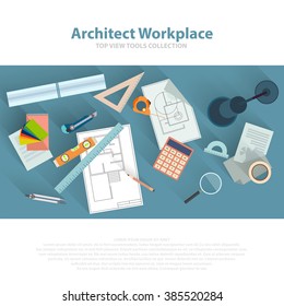 Architects workplace with architectural tools, blueprints, ruler, calculator, divider compass. Construction concept. Engineering tutoring studio. Top view flat vector eps 10