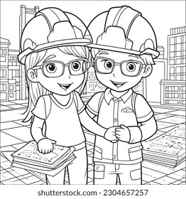 Architectt ,Black and white coloring pages for kids, simple lines, cartoon style, happy, cute, funny, The drawings in the children's coloring book 