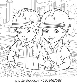 Architectt ,Black and white coloring pages for kids, simple lines, cartoon style, happy, cute, funny, The drawings in the children's coloring book 