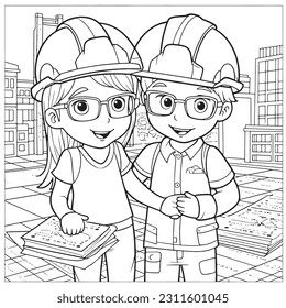 Architectt ,Black and white coloring pages for kids, simple lines, cartoon style, happy, cute, funny, The drawings in the children's coloring book 
