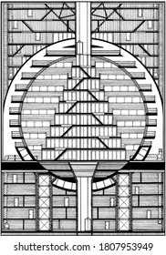 Architektonische Abstraktion, Gebäude mit Turm oder Pyramide in runden Strukturen, mit Fenstern und Treppen, Terrassen, Balkone und Geländer auf mächtigen Säulen mit Rahmen, Keller und Höhenunterschächten