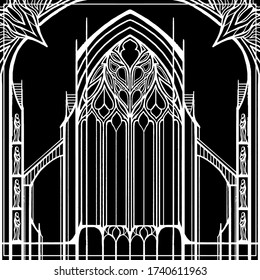 Architectural abstraction, dark castle, gates, portal in the Gothic style, arch with patterns in the form of stained glass with buttresses and sculptures, black and white graphic, symmetric, line art.