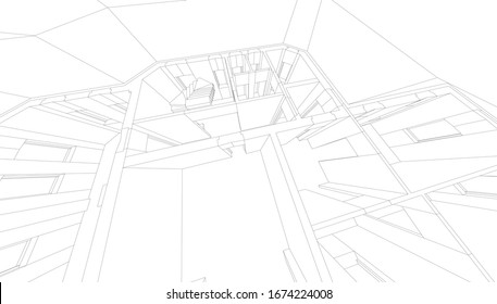 Architectural abstraction, wire house in perspective, monochrome design