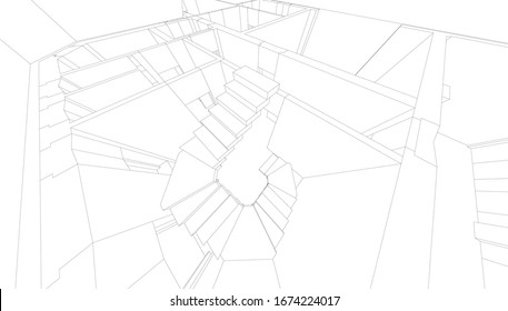 Architektonische Abstraktion, Drahthaus in Perspektive, einfarbiges Design