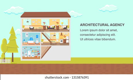 Architectural Agency Concept Flat Vector Illustration. Building Insight, Tree Clipart with Text Space. Living Room, Kitchen, Bathroom, Laundry, Boiler Room, Fence. Home Interior. Print Color Banner