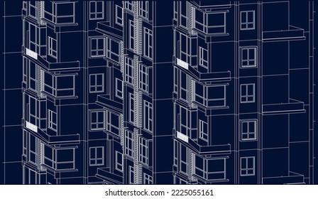 Architectural apartment building façade 3D Line drawing sketch illustration vector blueprint