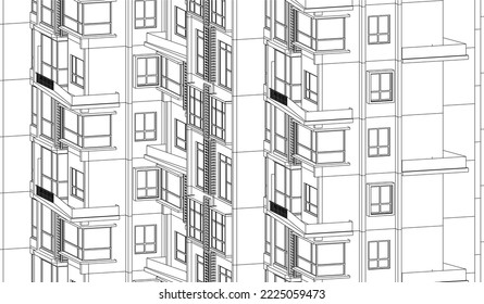 Architectural apartment building façade 3D Line drawing sketch illustration vector