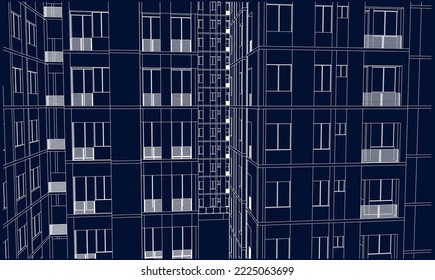 Architectural apartment building façade 3D Line drawing sketch illustration eps10 vector blueprint