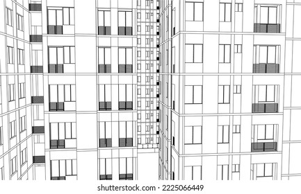 Architectural apartment building façade 3D Line drawing sketch illustration eps10 vector