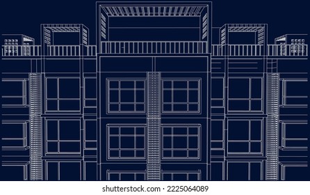 Architectural apartment building front façade perspective 3D Line illustration vector blueprint